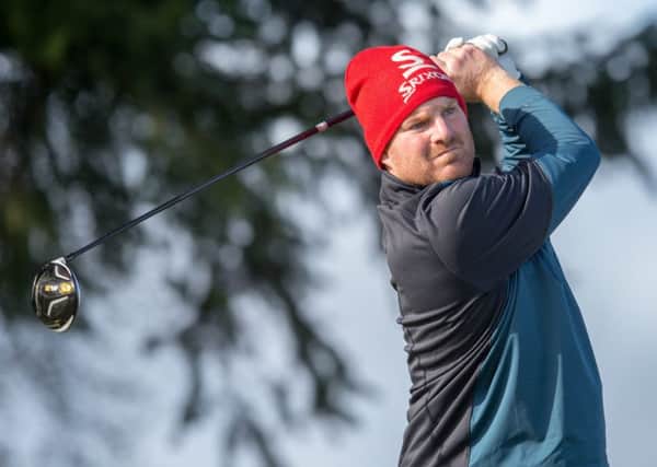 Gareth Wright watches a drive 
on his way to a nine-under-par 62 on the Kings Course at Gleneagles in the first round of the M&H Logistics Scottish PGA Championship. Picture: Kenny Smith