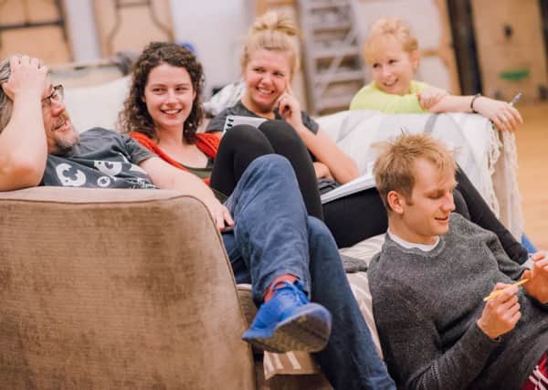 The cast of Jumpy in rehearsal, left to right Stephen McCole, Molly Vevers, Dani Heron, Gail Watson, and Cameron Crighton. PIC: Mihaela Bodlovic