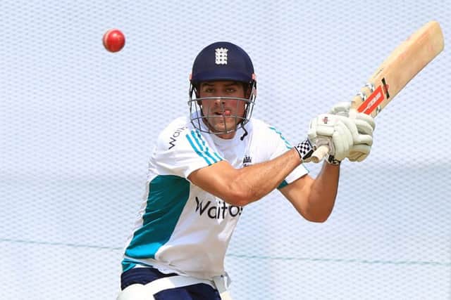 England cricket captain Alastair Cook takes part in a practice session at MA Aziz Stadium in Chittagong. Picture: STR/AFP/Getty Images