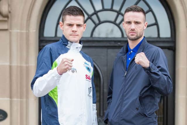 Scotlands Josh Taylor, left, and Englishman Dave Ryan fight at Meadowbank tonight. Picture: Ian Georgeson