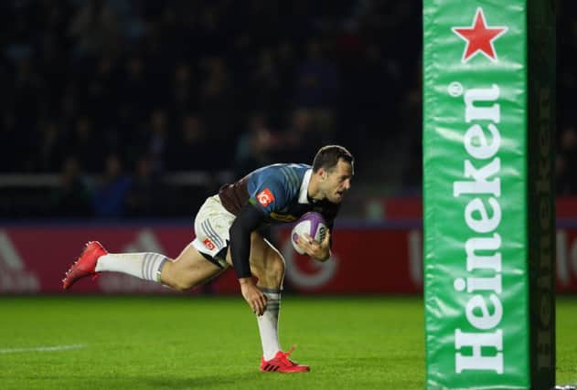 Tim Visser scores a try during Harlequins' convincing Challenge Cupvictory over Stade Francais at Twickenham Stoop last week. Picture: Warren Little/Getty