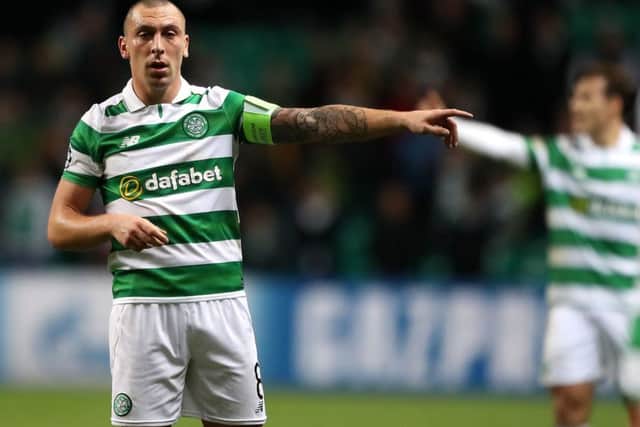Celtic captain Scott Brown directs his troops during their 2-0 UEFA Champions League Group C defeat to Borussia Monchengladbach. Picture: Andrew Milligan/PA Wire