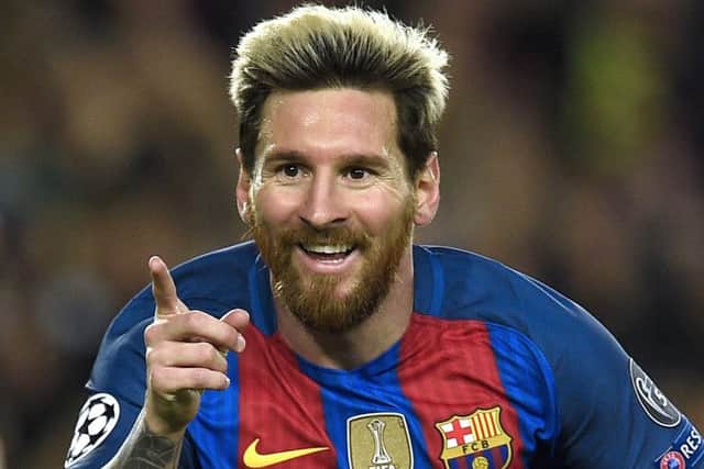 Lionel Messi celebrates scoring against Manchester City in the Champions League. Picture: AFP/Getty