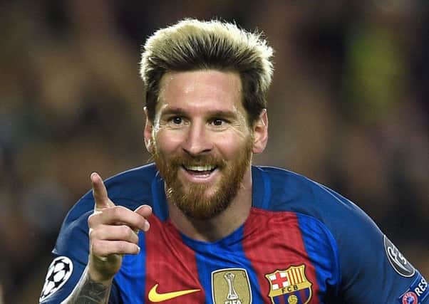 Lionel Messi celebrates scoring against Manchester City in the Champions League. Picture: AFP/Getty