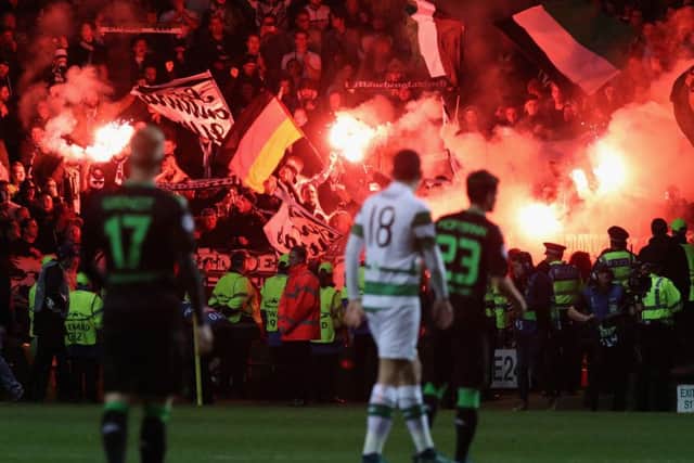 Borussia Mönchengladbach let off flares during the match. Picture: Getty