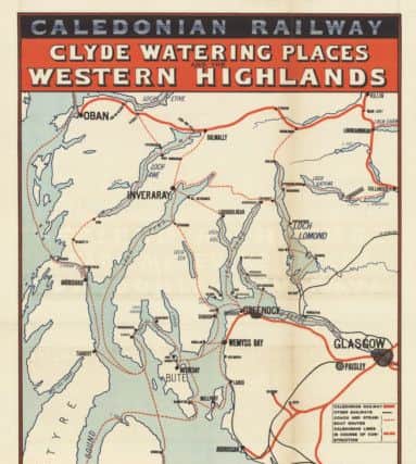 A striking poster for the Caledonian Railway company illustrates rail and steamer routes in the Clyde in 1888. Picture: National Library Scotland