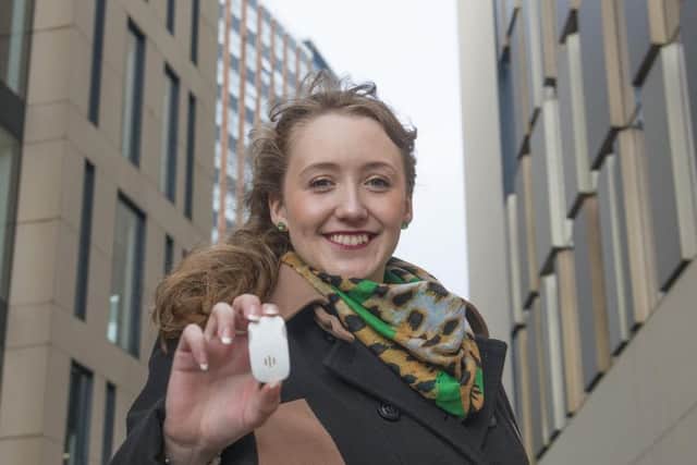 Rebecca Pick with her Personal Guardian attack alarm, set to launch next year. Picture: Contributed