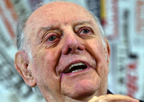 Recipient of the 1997 Nobel Prize for Literature, Dario Fo attends a press conference at the Foreign Press club in Rome on December 3, 2015. 
Dario Fo, is an Italian actor-playwright, comedian, singer, theatre director, stage designer, songwriter, painter and political campaigner. His plays have been translated into 30 languages and performed across the world. Fo's solo piÃ¨ce cÃ©lÃ¨bre, titled Mistero Buffo is recognised as one of the most controversial and popular spectacles in postwar European theatre.   / AFP / Gabriel BOUYS        (Photo credit should read GABRIEL BOUYS/AFP/Getty Images)
