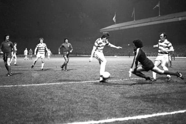 George McCluskey scores in a 2-0 European Cup victory over Real Madrid at Parkhead. Picture: Gordon Rule.