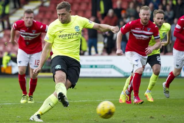 Grant Holt put Hibernian ahead from the spot in their victory at East End Parl. Picture: SNS/Garry Williamson