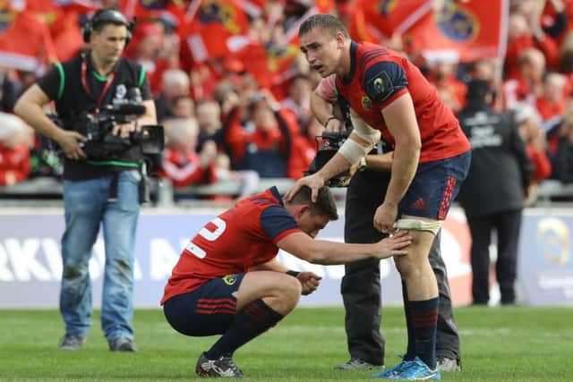 Emotional Munster pair Ian Keatley and Tommy O'Donnell after the final whistle at Thomond Park. Picture: Lorraine O'Sullivan/PA Wire