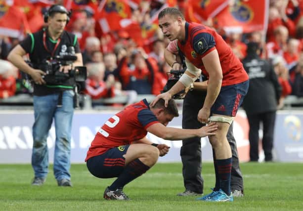 Emotional Munster pair Ian Keatley and Tommy O'Donnell after the final whistle at Thomond Park. Picture: Lorraine O'Sullivan/PA Wire