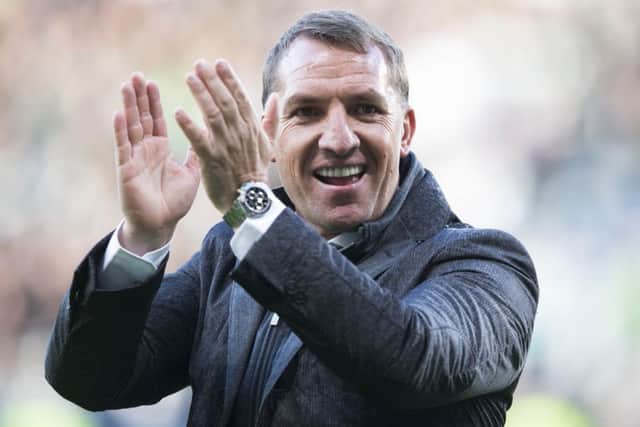 Celtic manager Brendan Rodgers celebrates at the end of the Betfred Cup semi-final. Picture: PA