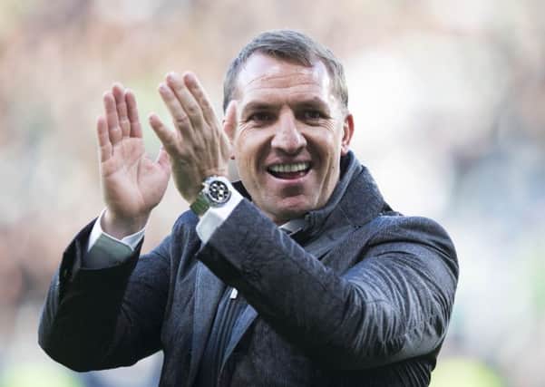 Celtic manager Brendan Rodgers celebrates at the end of the Betfred Cup semi-final. Picture: PA