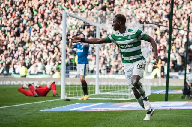 Moussa Dembele celebrates having given Celtic the lead. Picture: John Devlin