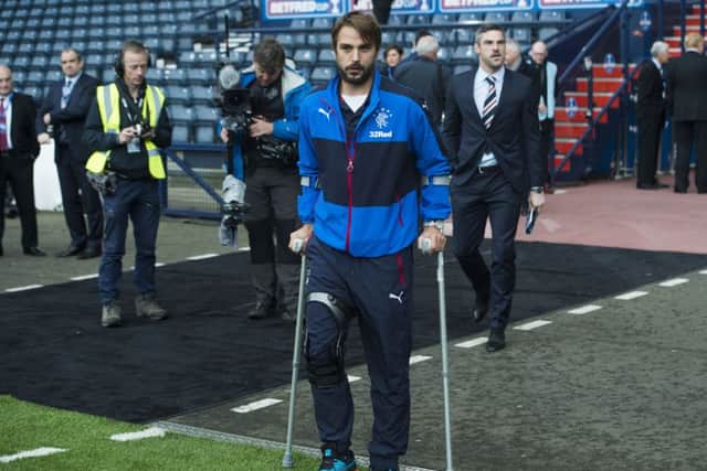 Rangers' Niko Kranjcar arrives at Hampden on crutches ahead of Sunday's Betfred Cup semi-final against Celtic.