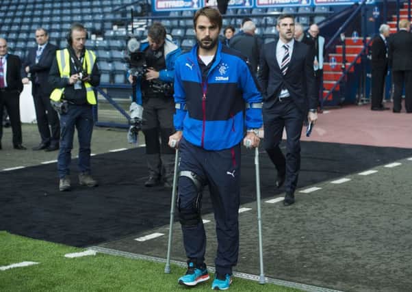 Rangers' Niko Kranjcar arrives at Hampden on crutches ahead of Sunday's Betfred Cup semi-final against Celtic.