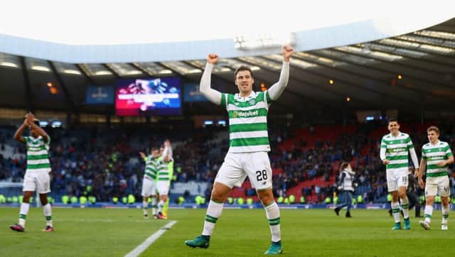 Erik Sviatchenko celebrates Celtic's victory over Rangers in the Betfred Cup semi-final at Hampden. Picture: Getty Images