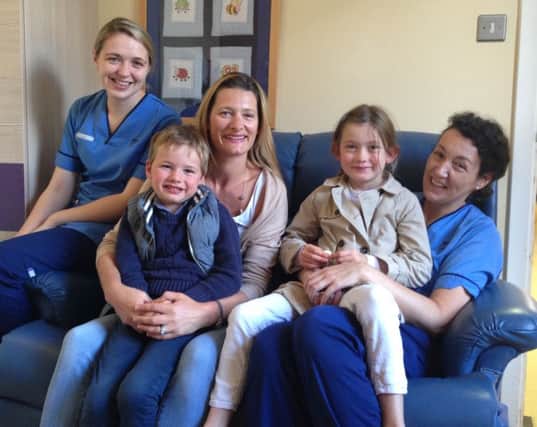 Nikki Bremner and son Archie, daughter Olivia, with staff nurses Hazel Forbes and Lisa Scally. Picture: Contributed