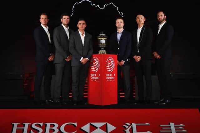 Left to right: Henrik Stenson of Sweden, Bubba Watson and Rickie Fowler of the United States, Russell Knox of Scotland, Haotong Li of China and Dustin Johnson of the United States on stage at the Himalayas Centre prior to the start of the WGC - HSBC Champions. Picture: Ross Kinnaird/Getty Images