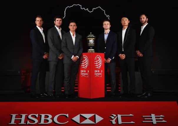 Left to right: Henrik Stenson of Sweden, Bubba Watson and Rickie Fowler of the United States, Russell Knox of Scotland, Haotong Li of China and Dustin Johnson of the United States on stage at the Himalayas Centre prior to the start of the WGC - HSBC Champions. Picture: Ross Kinnaird/Getty Images
