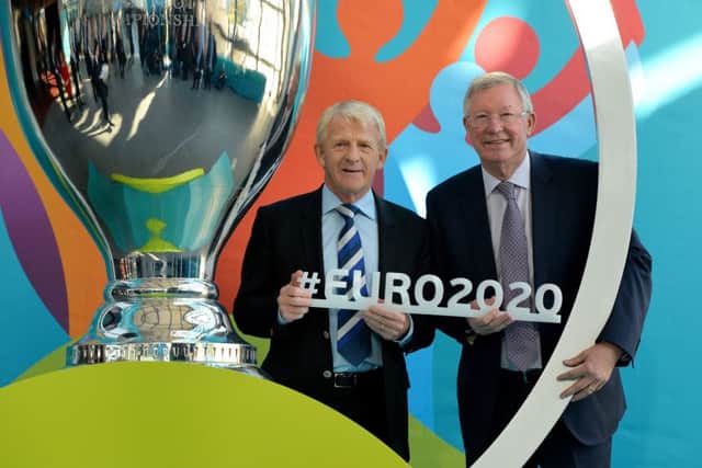 Sir Alex Ferguson, right, and Scotland manager Gordon Strachan during the Glasgow UEFA EURO 2020 Host City Logo Launch at the Glasgow Science Centre. Picture: Mark Runnacles/Getty Images)
