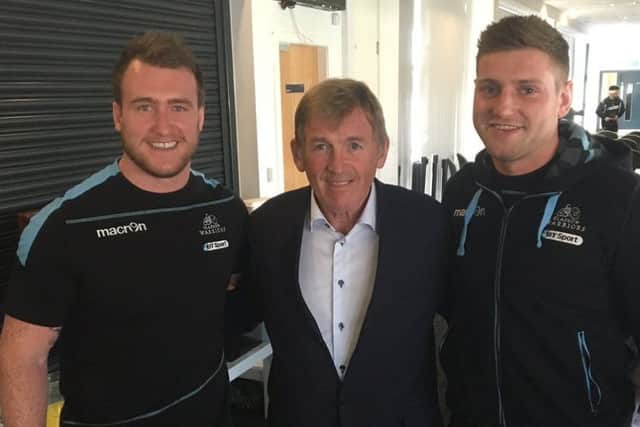 Kenny Dalglish with Glasgow Warriors' Stuart Hogg and Finn Russell.