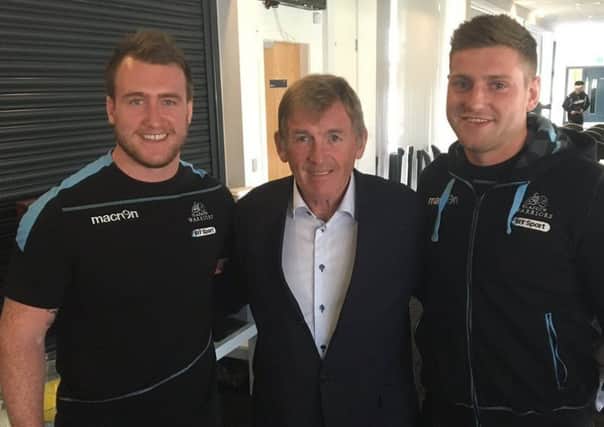 Kenny Dalglish with Glasgow Warriors' Stuart Hogg and Finn Russell.