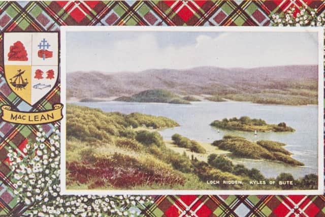 J Valentine's postcards became increasingly elaborate with motifs and pattern added. This is from the Clans series and shows Kyles of Bute alongwith some lucky white heather. PIC Courtesy of the University of St Andrews Library/JV-Misc-3-8-3