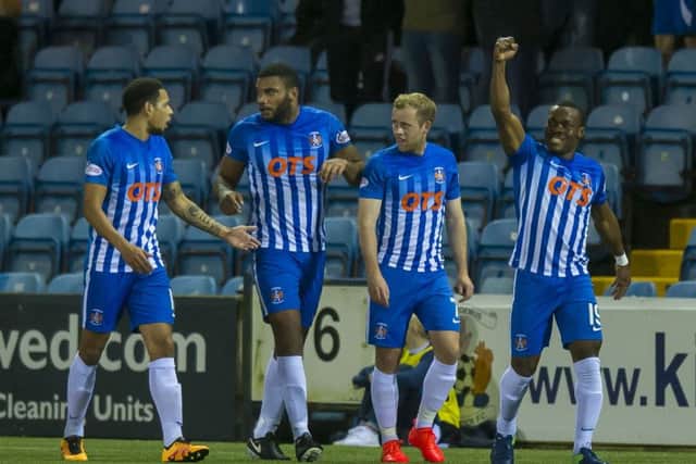 Kilmarnock celebrate Souleymane Coulibaly's (R) opener. Picture: SNS