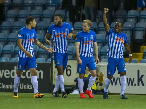 Kilmarnock celebrate Souleymane Coulibaly's (R) opener. Picture: SNS