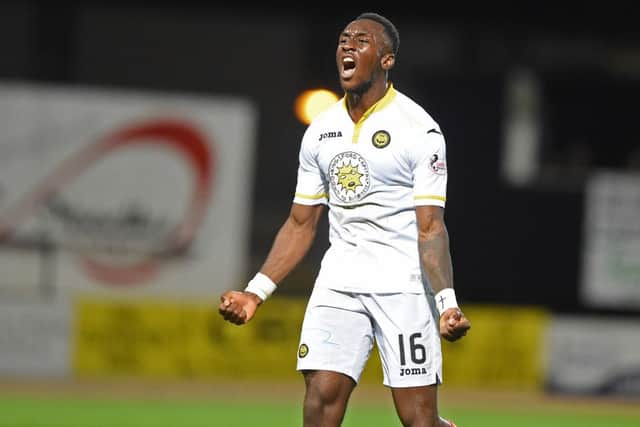 Patrick Thistle's Ade Azeez celebrates his opener. Picture: SNS