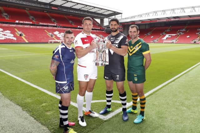 Scotland captain Danny Brough with England's Sam Burgess, New Zealand's Jesse Bromwich and Australia's Cameron Smith at the launch of the Ladbrokes Four Nations rugby league tournament at Anfield. Picture: Martin Rickett/PA Wire
