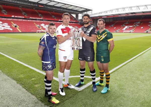 Scotland captain Danny Brough with England's Sam Burgess, New Zealand's Jesse Bromwich and Australia's Cameron Smith at the launch of the Ladbrokes Four Nations rugby league tournament at Anfield. Picture: Martin Rickett/PA Wire