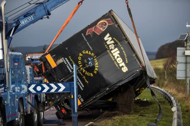 Lorry blown over on A96 near Huntly during Storm Gertrude on 29 January. Picture: Hemedia