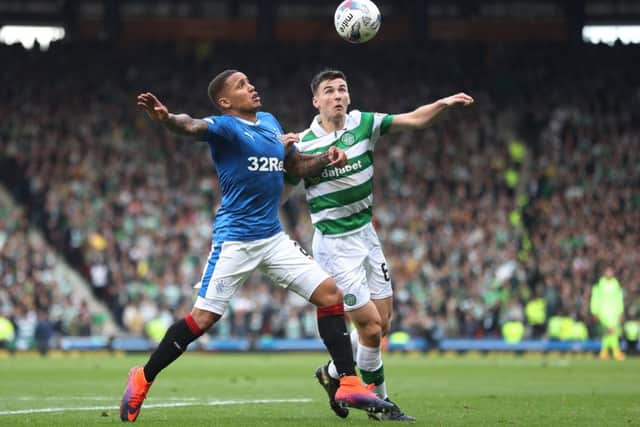 Kieran Tierney, seen in action against James Tavernier of Rangers,  faces two months on the sidelines. Picture: Getty