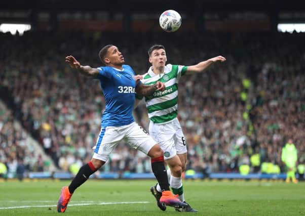 Kieran Tierney, seen in action against James Tavernier of Rangers,  faces two months on the sidelines. Picture: Getty