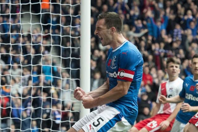 Lee Wallace celebrates scoring Rangers' opening goal against Kilmarnock. Picture: SNS.