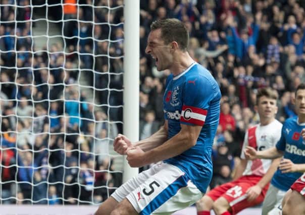 Lee Wallace celebrates scoring Rangers' opening goal against Kilmarnock. Picture: SNS.