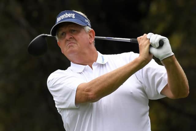Colin Montgomerie tees off at the second in the final round at Thousand Oaks in California. Picture: AP