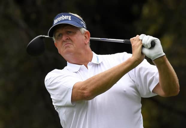 Colin Montgomerie tees off at the second in the final round at Thousand Oaks in California. Picture: AP