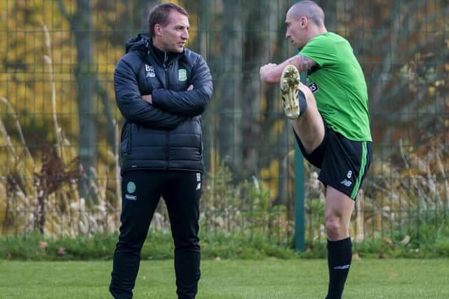 Celtic manager Brendan Rodgers and his captain Scott Brown in training ahead of the Champions League match in Monchengladbach. Picture: Craig Williamson/SNS