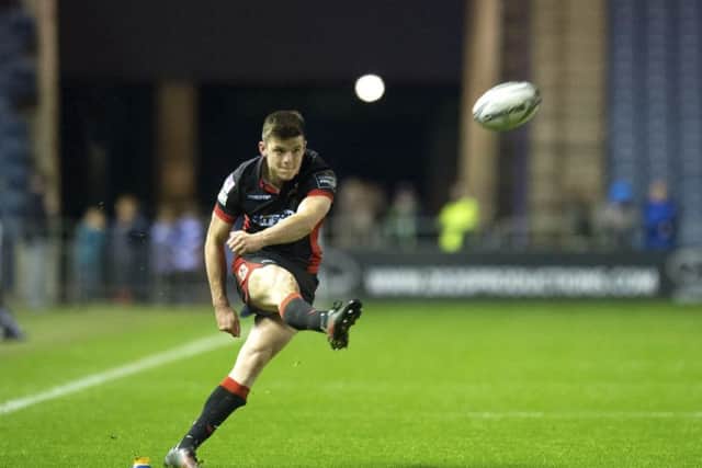 Edinburgh's Blair Kinghorn kicks a conversion during his side's surprise home defeat against Zebre. Picture: SNS Group
