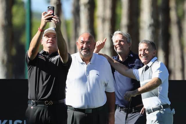 Paul Lawrie, Andrew 'Chubby' Chandler, Ahmet Agaoglu and Seda Kalyoncu pose for a selfie on the fourth tee box during the pro-am ahead of the Turkish Airlines Open. Picture: Warren Little/Getty Images
