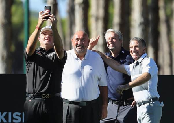 Paul Lawrie, Andrew 'Chubby' Chandler, Ahmet Agaoglu and Seda Kalyoncu pose for a selfie on the fourth tee box during the pro-am ahead of the Turkish Airlines Open.  Picture: Warren Little/Getty Images