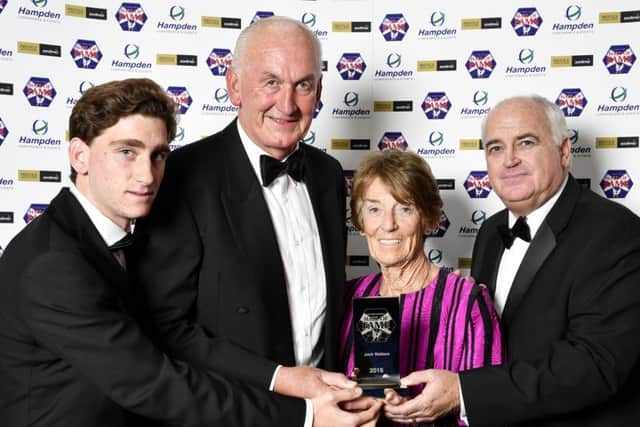 Former Rangers keeper Peter McCloy (second from left) was at Hampden with Daphne Wallace, John Wallace and John Wallace, widow, grandson and son of Jock Wallace, the former Rangers manager who was inducted into the Scottish Football Hall of Fame. Picture: Rob Casey/SNS