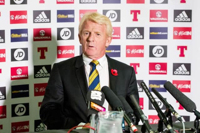 Scotland manager Gordon Strachan addresses the media at Hampden Park yesterday as he unveiled his squad for the World Cup qualifier against England at Wembley. Picture: Ross Parker/SNS