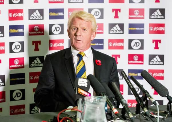 Scotland manager Gordon Strachan addresses the media at Hampden Park yesterday as he unveiled his squad for the World Cup qualifier against England at Wembley. Picture: Ross Parker/SNS