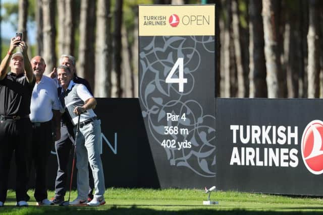 Paul Lawrie takes a selfie with his playing partners Andrew 'Chubby' Chandler, Ahmet Agaoglu and Seda Kalyoncu during the Turkish Airlines Open Pro-Am at Regnum Carya in Belek. Picture: Getty Images