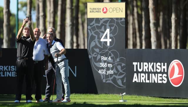Paul Lawrie takes a selfie with his playing partners Andrew 'Chubby' Chandler, Ahmet Agaoglu and Seda Kalyoncu during the Turkish Airlines Open Pro-Am at Regnum Carya in Belek. Picture: Getty Images